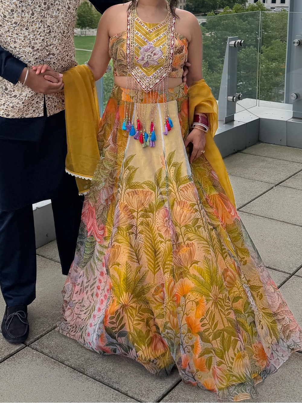 Floral Embroidered Halter Crop Top & Maxi Skirt Set in Mustard & Multicolor - Picture 6 of 6